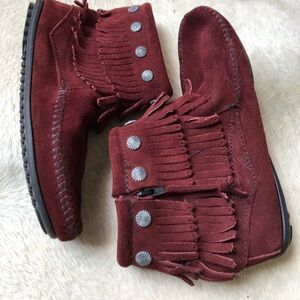 Minnetonka red suede moccasin ankle boots